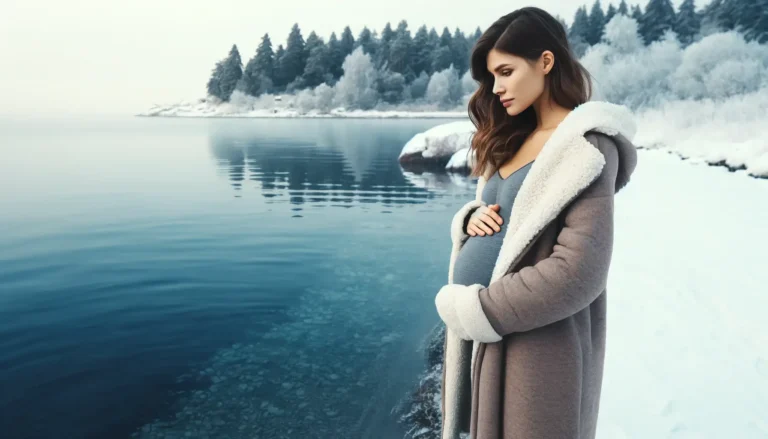 En gravid kvinde, der står ved kanten af et koldt, iskoldt hav, holder om maven og overvejer vinterbadning. Hun er iført en varm frakke