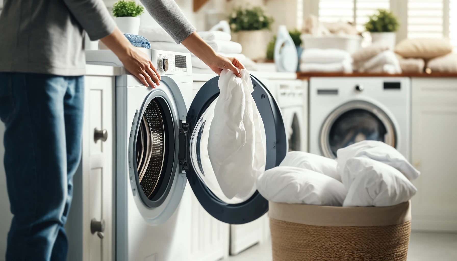Kvinde står og er ved at ligge sengetøj i vaskemaskine
